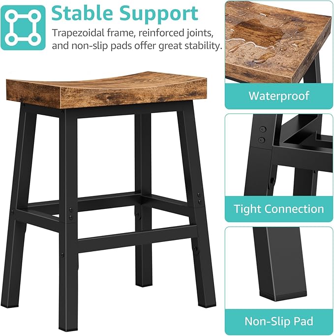 Rustic Bar Stools, 24 Inch Barstools, Counter Height Stools with Footrest, Wooden Stool for Kitchen Island, Heavy Duty Backless Chair for Dining Table Farmhouse Outdoor 1 PC