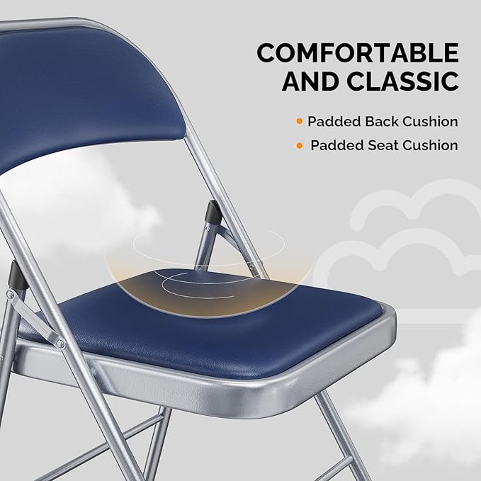 VINGLI 4 Pack Folding Chairs with Padded Seats, Metal Frame with Pu Leather Seat & Back, Capacity 350 lbs, Blue