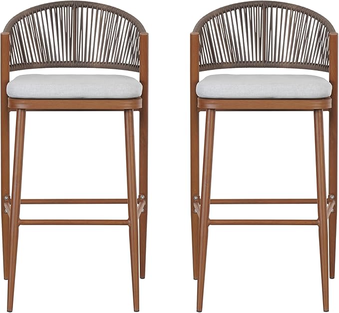 Christopher Knight Home Hearth 30.25" Patio Barstools Set of 2, Woven Wicker Counter Stool, Aluminum Frame Barstool, PE Rattan Scallop-Shape Backrest Woodlike Stool for Backyard Balcony Garden, Teak