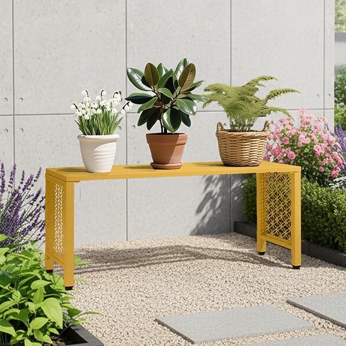VINGLI 40in Outdoor Metal Bench, All-Weathe Backless Patio Bench with Slatted Seat＆Floral Side Panels, Rust-Resistant Garden Bench, Weatherproof Outdoor Seating for Porch Entryway Backyard (Yellow)