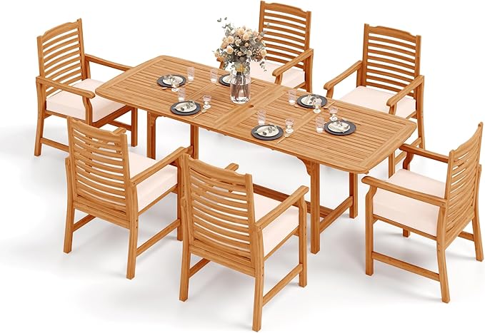 Sophia & William Patio Outdoor Table and Chairs Set, Patio Dining Sets for 6-8, 7 Pieces Patio Table Set for Backyard Deck Porch Outside, Acacia Wood Table Expandable with 1.97" Hole