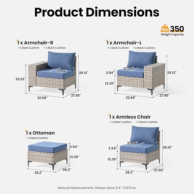 ovios 4-Piece Patio Furniture Set with L-Shape Sofa Chaise, Outdoor Sectional Couch Comfy Cushions, Modern Modular Wicker Rattan Conversation Set, Denim Blue