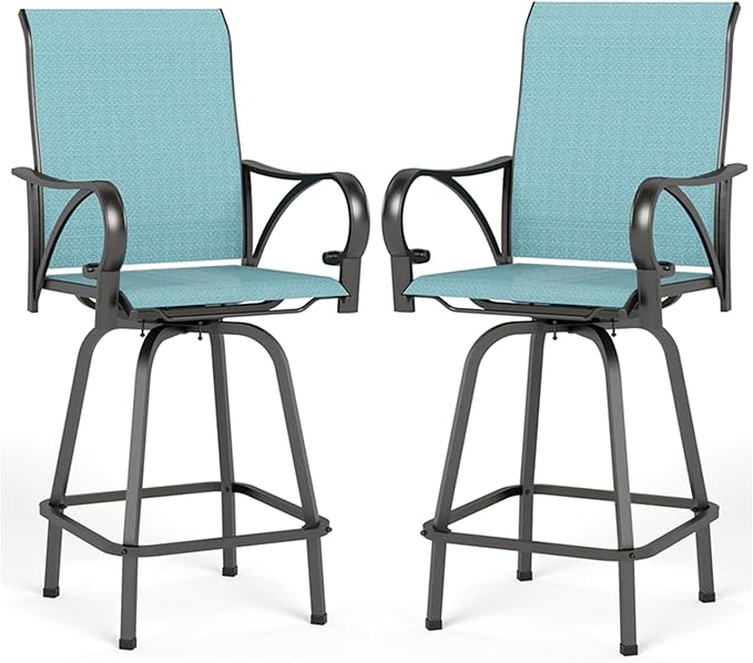 MFSTUDIO Outdoor Bar Stools Set of 2, Swivel Bar Height Patio Chairs Outdoor Barstools High Top Patio Swivel Bar Chairs with Armrest, Breathable Textilene, Turquoise Blue