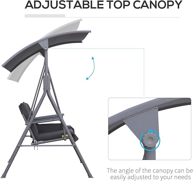 Outsunny 2 Person Porch Swing with Stand, Outdoor Swing with Canopy, Pivot Storage Table, 2 Cup Holders, Cushions for Patio, Backyard, Gray