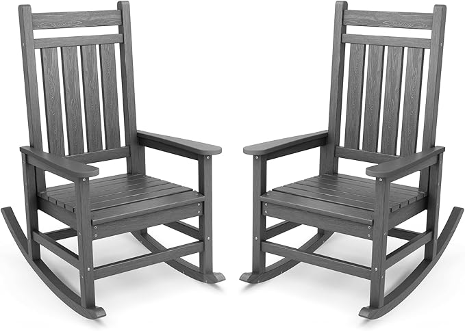 SERWALL Outdoor Rocking Chair Set of 2, HDPE Rocking Chairs for Adult, All Weather Porch Rockers for Lawn Garden, Grey