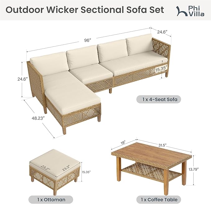 PHI VILLA Wicker Patio Furniture Set, Outdoor Sectional Couch with Cushions and Acacia Wood Coffee Table, U-Shaped Patio Conversation Set for Deck or Porch, 6 Seats, Beige