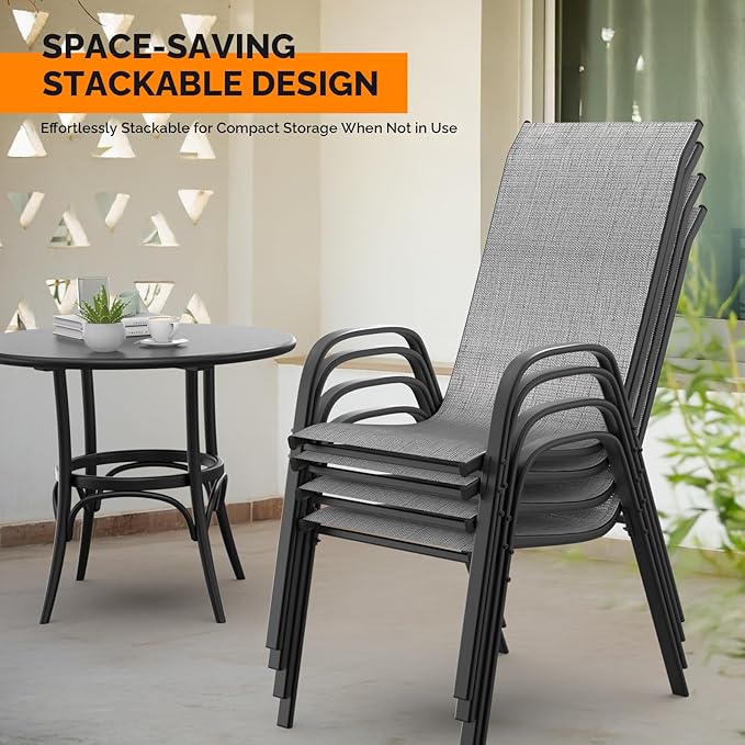 VINGLI Set of 2 Stackable Outdoor Bar Stools – Sling Chairs with High Back & Armrests, for Lawn, Garden, Bar, Grey
