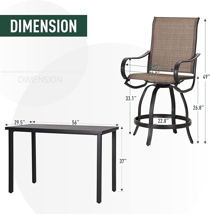 PHI VILLA 5 PCS Outdoor Bar Set, Counter Height Swivel Chair with Rectangle Metal Table, Textilene Fabric and Quick-Drying Waterproof,High Patio Set for Garden, Yard, Poolside