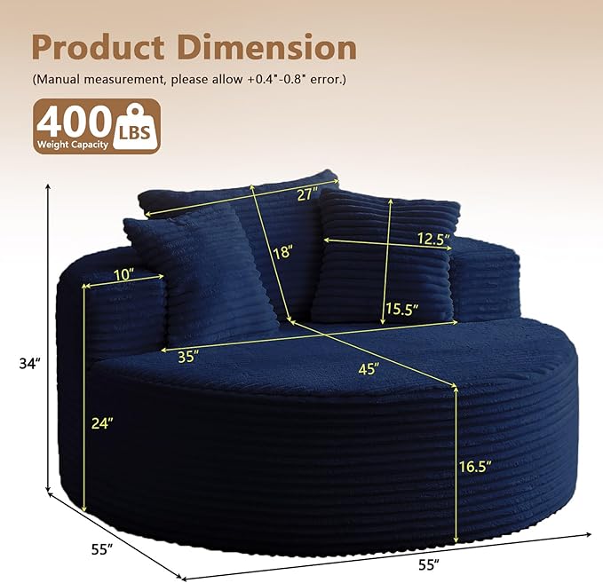 Oversized Round Chair Lounge Chaise Indoor, Upholstered Corduroy Deep Seat Cloud Large Circle Sofa Chair, No Assembly Required, Fluffy Modern Sleeper Sofa Bed for Reading, Living Room, Bedroom, Blue