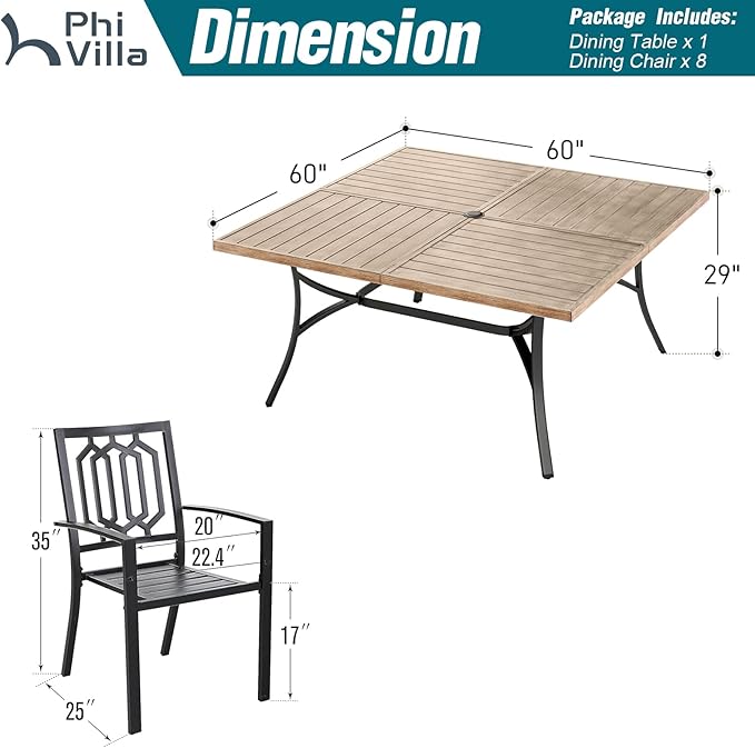 PHI VILLA 9 Pieces Outdoor Dining Set for 8, 60" Brown Square Iron Table with Umbrella Hole & Stackable Black Metal Steel Chairs, Large Outside Furniture Set for Patio, Deck, Yard, Porch