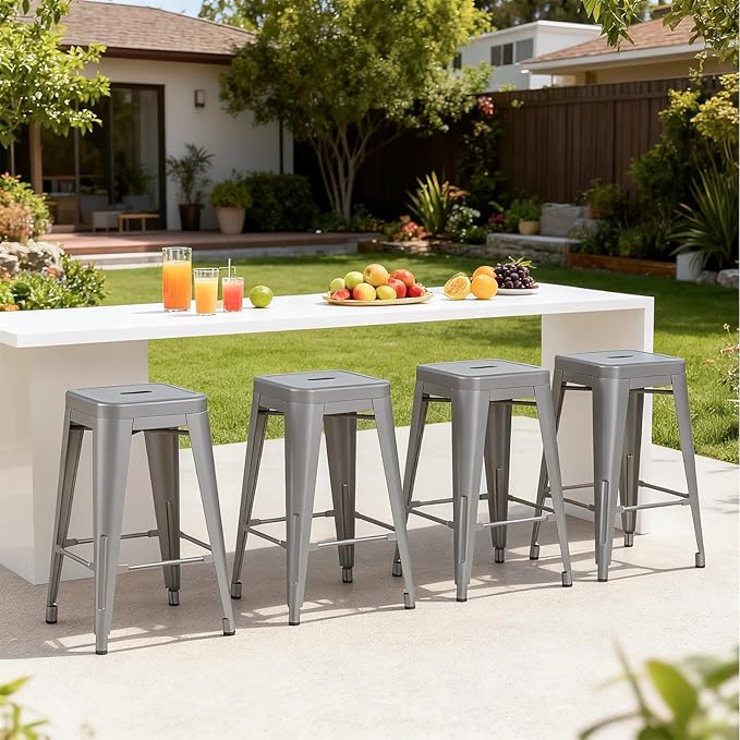 Stackable Metal Bar Stool Backless Indoor-Outdoor Counter Stools Fullmetal Dinning Chairs Set of 4 (Grey, 24 Inch)