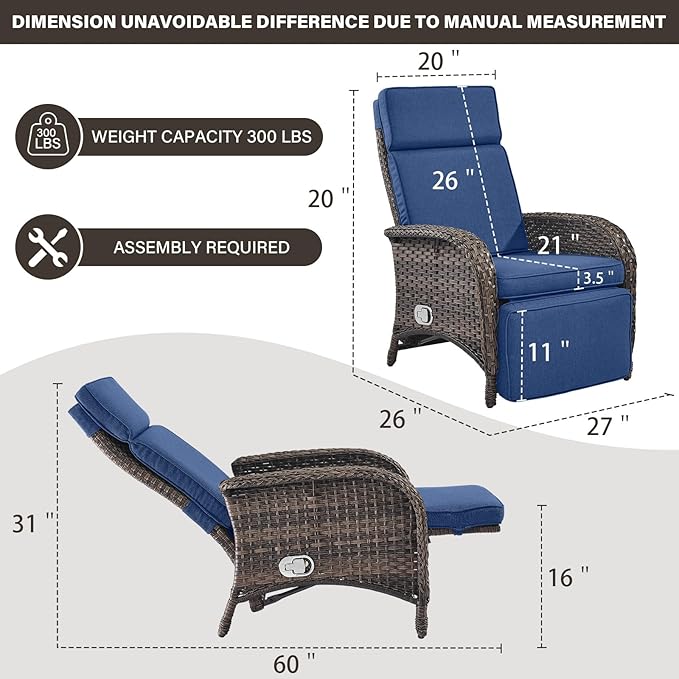 Belord Versatile Outdoor Recliner Chair - 2 Piece Reclining Patio Chair with Adjustable Backrest and Footrest, All-Weather Wicker Chaise Lounge Chair Outdoor for Pool Deck