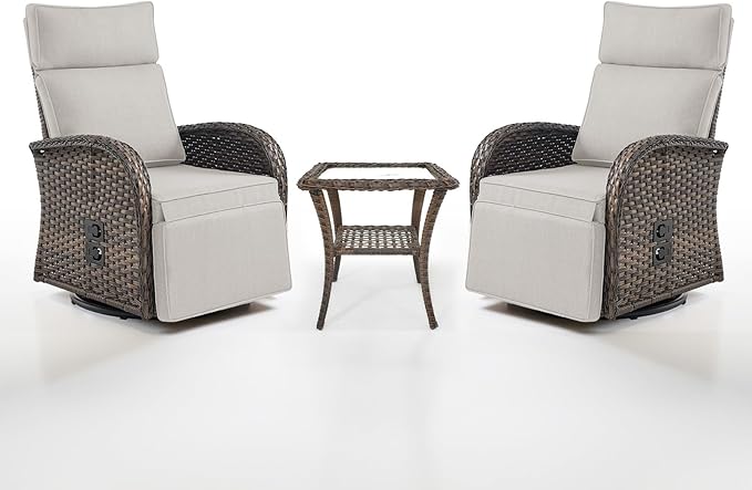 Dual-Adjust Swivel Outdoor Recliner Chair Set of 3 - Reclining Patio Chair with Adjustable Backrest and Footrest, All-Weather Wicker Chaise Lounge Outdoor with Side Table for Deck (Upgraded 2.0)