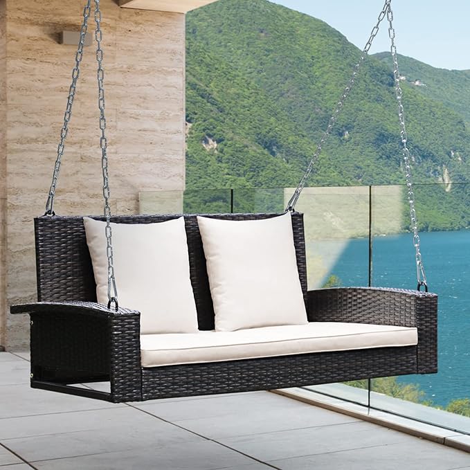 RELAX4LIFE Porch Swing 2-Seat Patio Rattan, Wicker Porch Swings Outdoor W/Two 7.9 Ft Solid Steel Chain, Comfortable Back & Seat Cushions, for Front Porch, Garden, Backyard Patio Swing (Beige)