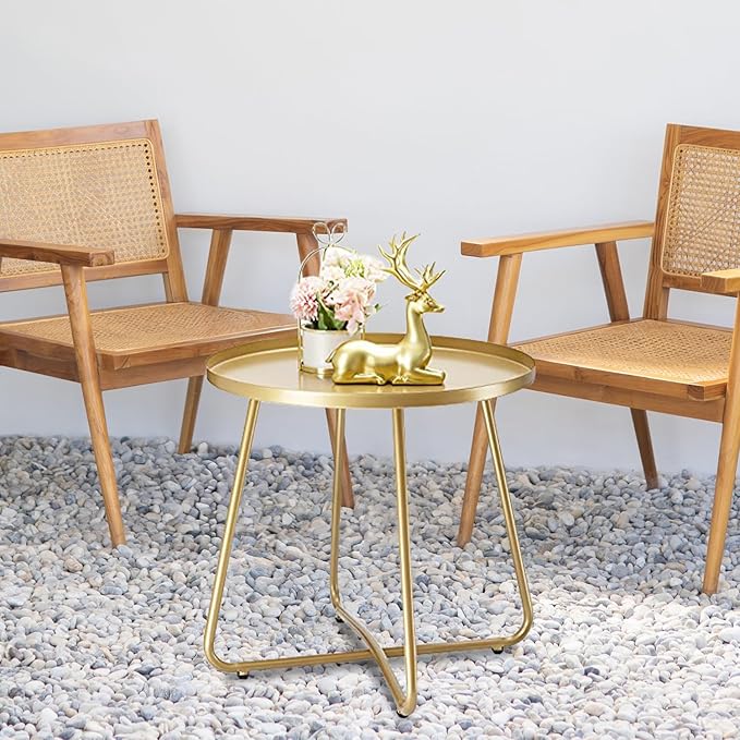 danpinera Outdoor Side Tables, Weather Resistant Steel Patio Side Table, Small Round Outdoor End Table Metal Side Table for Patio Yard Balcony Garden Bedside (Gold)