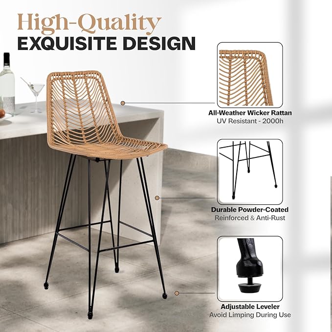 IDZO 400lbs Capacity Rattan Bar Stools Set of 2, 29-Inch Height, Outdoor & Indoor Use, Comfort Cushion, Solid Steel Frame, Durable Powder Coating, Easy Assembly, Ideal for Kitchen Island & Patio