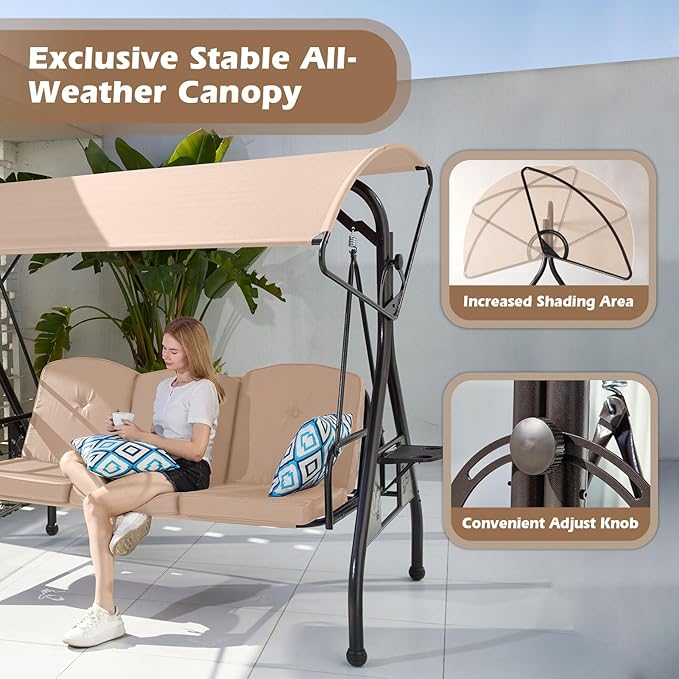 800LBS Patio Swing with Canopy 3 Seat Outdoor Porch Swing with Stand w/Cup Holder & Pillow Glider Chair Swing Bed for Patio Backyard Poolside (Khaki)