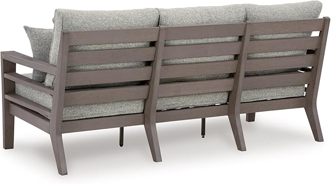 Signature Design by Ashley Hillside Barn Contemporary Nuvella Weather Resistant Fabric Outdoor Sofa with Cushion and 4 Throw Pillows, Light Brown & Light Gray