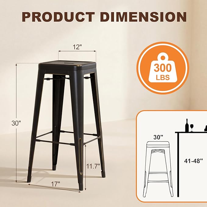 Shahoo 30 Inches Metal Bar Stools Counter Height Stackable Backless Stools, Industrial Patio Stools Indoor Outdoor Metal Kitchen Stools Set of 4 (Black Gold, 30'')