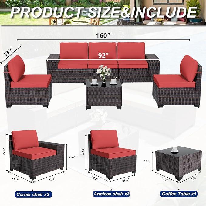 ALAULM 6 Pieces Patio Furniture Set, Oversized Seat/Armrest and High Back Wicker Sectional Furniture Set with Thick Cushion for Backyard, Garden, Red