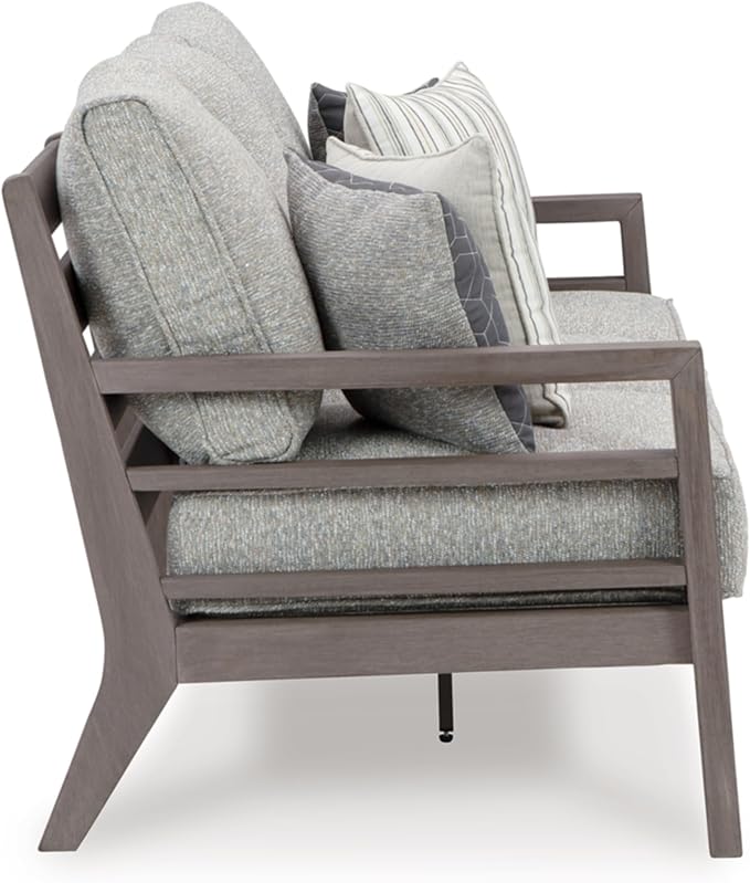 Signature Design by Ashley Hillside Barn Contemporary Nuvella Weather Resistant Fabric Outdoor Sofa with Cushion and 4 Throw Pillows, Light Brown & Light Gray