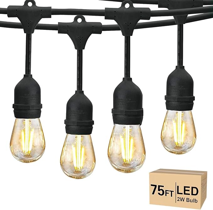 Svater 75 FT Outdoor String Lights 2W, Patio Light for Outside with 26 Antique S14 Plastic LED Bulbs, IP65 Waterproof Hanging Cafe Market Lighting, ETL-Listed Dimmable Warm White