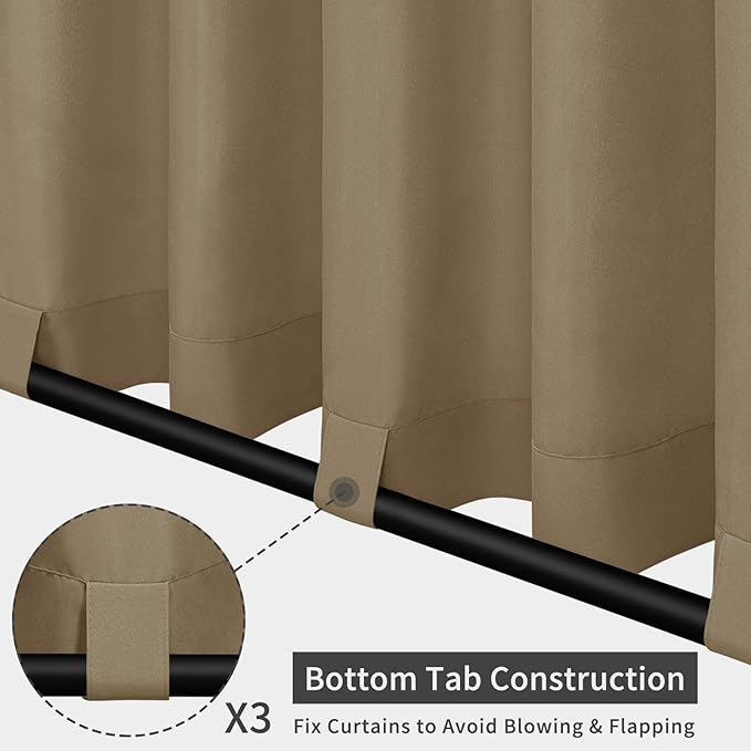 Easy-Going Outdoor Patio Curtains Detachable Tab Top Windproof Weatherproof Curtain for Cabana, Porch, Pergola and Gazebo, Tab Bottom Drape, 2 Panels, 54W x 84L inch, Khaki