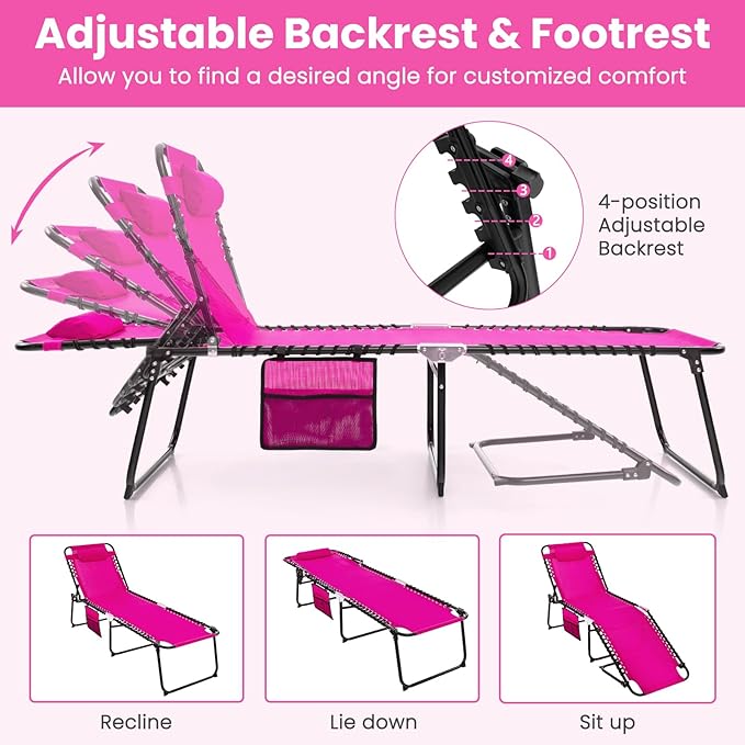 GYMAX Lounge Chairs for Outside, Extra High Folding Beach Tanning Lounger with 4-Level Adjustable Backrest, 2-Level Footrest & Removable Pillow, Sunbathing Lounge for Patio, Lawn, Poolside (2, Pink)