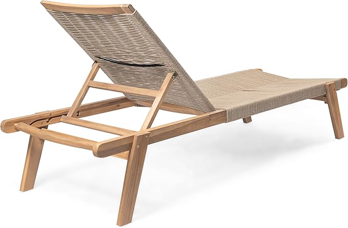 Christopher Knight Home Set of 2 Outdoor Patio Wood Adjustable Chaise Lounges with Rope Seating, Rope Chaise Lounge with Acacia Wood Frame, Chaise Lounge for Poolside, Balcony, Yard, Teak+Beige
