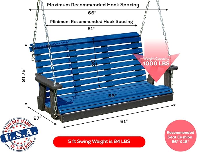 Poly Lumber Wood 5FT Porch Swing Amish Craftsmandship Made in USA HDPE with No wood fibers and 1000 lbs Limit. Stainless Steel Hardware.Signature Rollback design for Patio Outdoor Backyard Garden Park