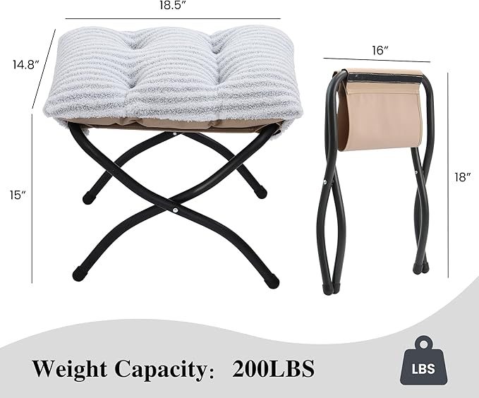 15"(H) Folding Ottoman, Foldable Footrest Stool, Portable Small Foot Stool for Couch, Collapsible Foot Rest Ottoman for Sofa, Accent Padded Ottomans for Living Room, Bedroom, Stripe Grey