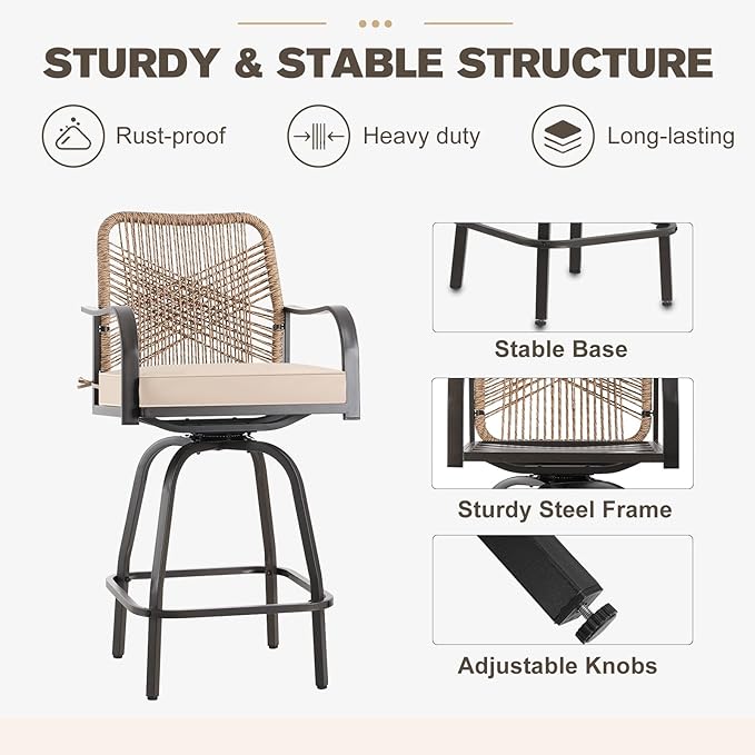 Patio Swivel Bar Stools Set of 2, Outdoor Rattan Height Bar Patio Swivel Chairs with Steel Frame and Thickened Cushion for Garden, Balcony, Lawn and Backyard (Rattan Brown)