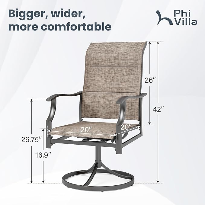 PHI VILLA Swivel Patio Chair Set of 6, 42" High Back Outdoor Chairs with Padded Fabric & E-Coating Frame, All Weather-Resistant for Deck Lawn Garden