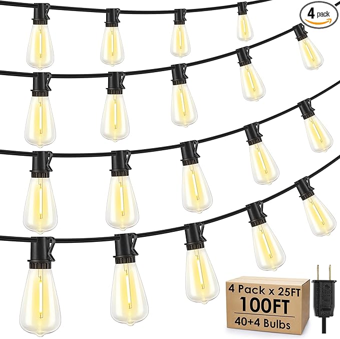 100FT(4x25FT) Outdoor String Lights, Patio Lights with 40+4 LED Dimmable Waterproof Linkable ST38 Edison Bulbs for Gazebo Camping Party, Black