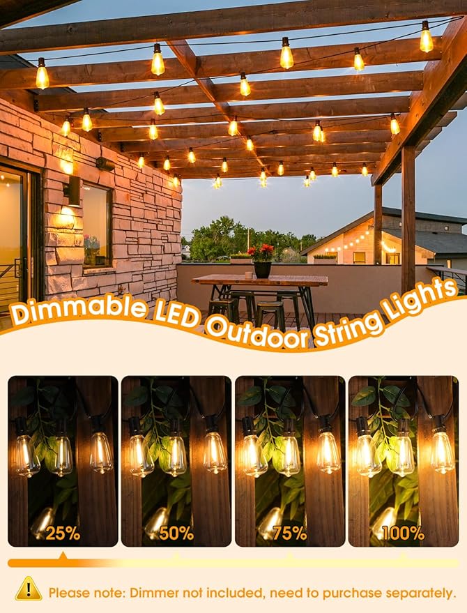 50FT(2x25FT) Outdoor String Lights, Patio Lights with 20+2 LED Dimmable Waterproof ST38 Vintage Bulbs for Backyard Bistro Cafe Deck, Black