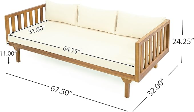 Merax Outdoor 4-Piece Acacia Wood Conversation Set - Patio 3-Seat Loveseat Sofa w/Coushion, 2 Armchair and Round Coffee Table for Backyard, Lawn, Balcony, Teak + Beige