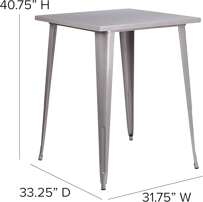 EMMA + OLIVER Commercial Grade 31.5" Square Silver Metal Indoor-Outdoor Bar Height Table