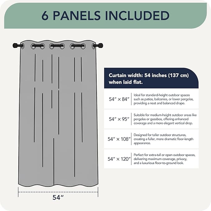Outdoor Curtains for Patio Waterproof 6 Panels - Windproof, Privacy, Weatherproof Outside Drapes for Gazebo Pergola Porch, Grommet Top and Tab Bottom, 54x84 Inch, Teal