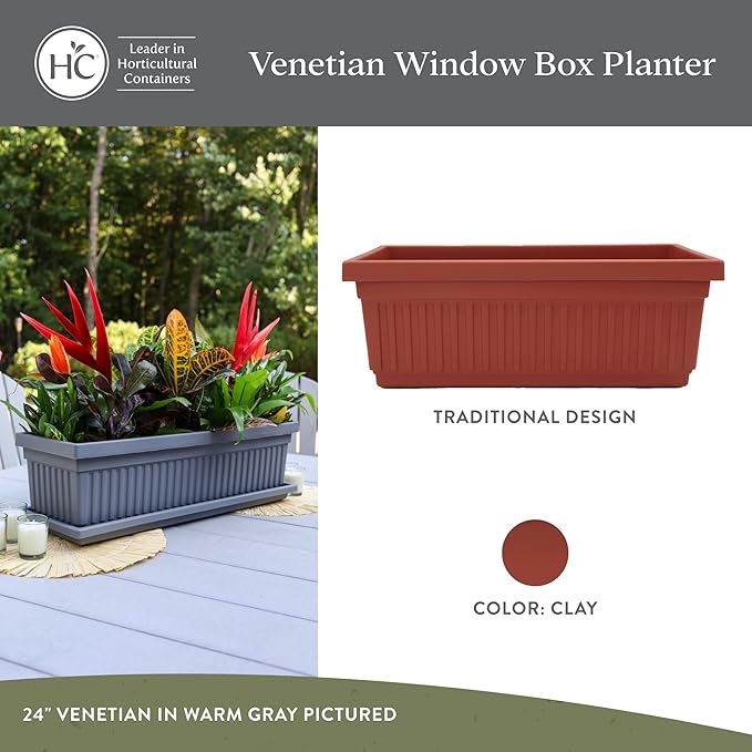 The HC Companies 24 Inch Venetian Window Planter Box with Drainage Plug, Lightweight UV-Resistant Plastic Indoor & Outdoor Planters, 2-Pack Flower Box for Garden & Home Decor, Clay