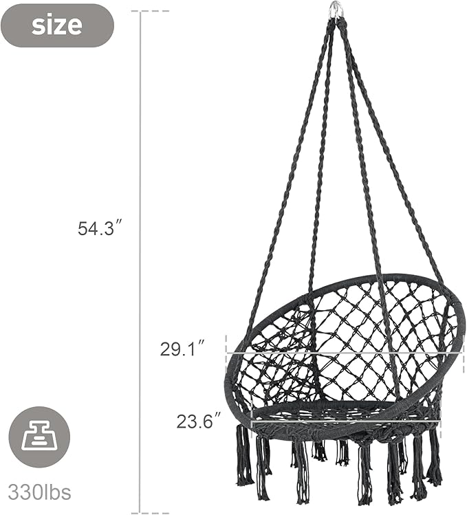 SUNCREAT Hammock Chair Hanging Macrame Swing with Hardware Kits, Max 330 Lbs, Handmade Knitted Mesh Rope Swing Chair for Indoor, Outdoor, Bedroom, Patio, Yard, Garden, Pack of 2, Grey