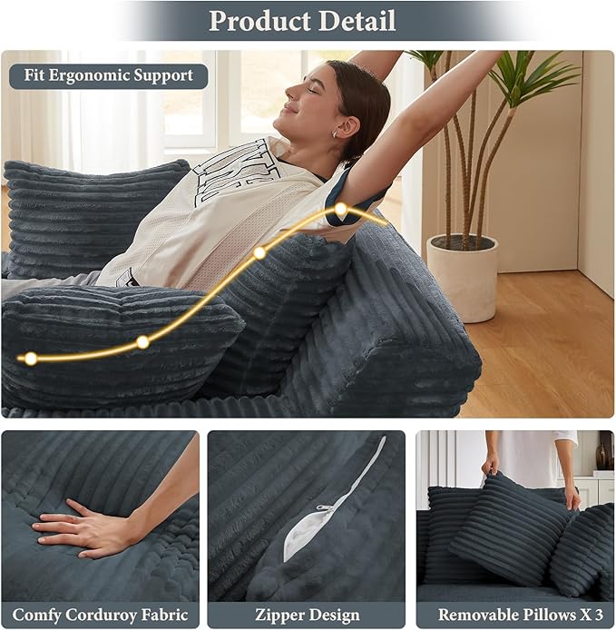 78.7" Chaise Lounge Chair Indoor, Oversized Boneless Couch Comfy Upholstered Sleeper Sofa Bed with 3 Pillows, Corduroy Cloud Reading Chair for Living Room No Assembly Required, Dark Grey