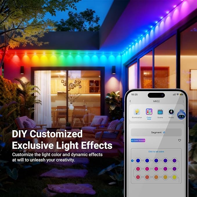 NEEWER 48ft Permanent Outdoor Lights for House Decor, Smart AI RGBCW Outside Eaves String Christmas Lighting with 30 LED Lights App Control 50+ Scenes IP65 Waterproof, Compatible with Alexa, NR02