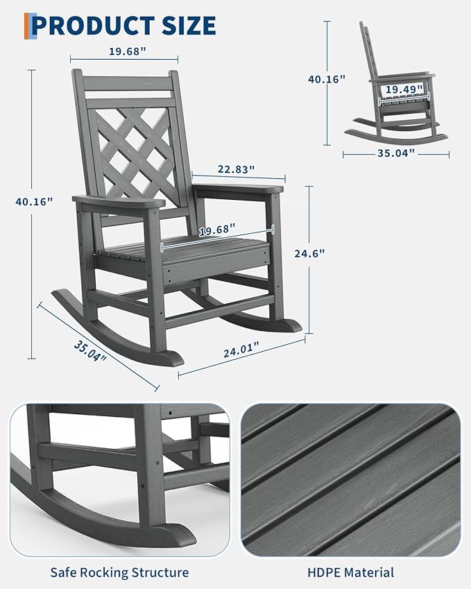 GarveeLife Outdoor Rocking Chair Set of 6, HDPE Weather Resistant Patio Rocking Chair Porch Rocker with Wood Texture & 380 LBS Support for Deck, Pool, Backyard, Gray