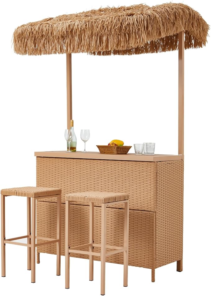 HOMREST Outdoor Tiki Bar Set, 3 Pieces Wicker Patio Bar Set w/2 Height Stools, Storage Shelf, Canopy, Plastic Wood Tabletop for Backyard Poolside Garden, Beige