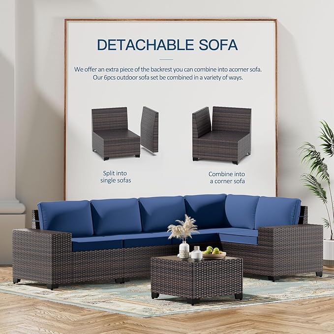 Kullavik Outdoor Patio Furniture Set,12 Pieces Sectional Rattan Sofa Set Brown PE Rattan Wicker Patio Conversation Set with 10 Seat Cushions and 2 Tempered Glass Coffee Table,Navy Blue