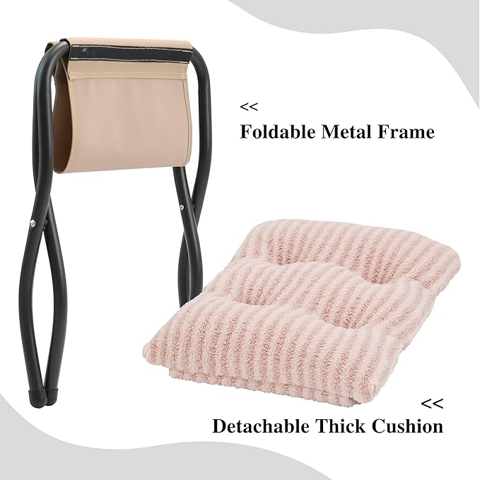 15"(H) Folding Ottoman, Foldable Footrest Stool, Portable Small Foot Stool for Couch, Collapsible Foot Rest Ottoman for Sofa, Accent Padded Ottomans for Living Room, Bedroom, Stripe Pink