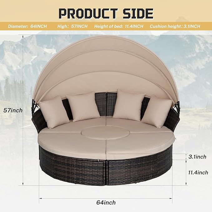Incbruce Patio Round Daybed with Retractable Canopy, Black Wicker Rattan Sectional Sofa Furniture Set with Separated Cushion Seats for Patio, Porch and Backyard (Brown)