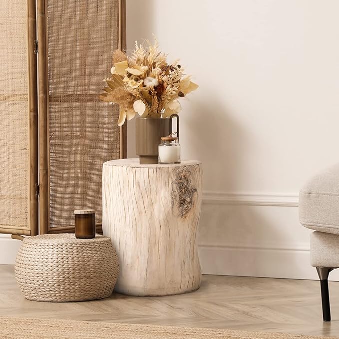 SUNBURY Stump Side Table, Concrete Side Table, Patio Faux Wooden End Table, Beige Stool Plant Stand Holder for Garden Household Living Room­