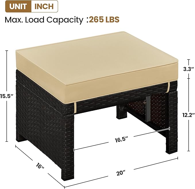 Yaheetech Wicker Ottomans, Set of 2 Footrest with Removable Cushion, 2pcs PE Rattan Side Table Additional Seating Multipurpose Outdoor Furniture for Patio, Backyard, Brown/Khaki