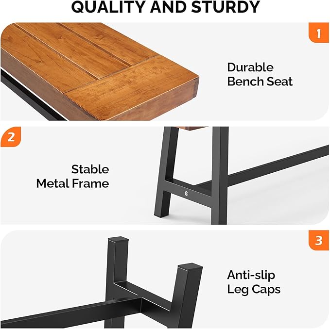 VINGLI Outdoor Bench with Metal Legs Rustic, Wood Dining Bench Indoor Outdoor Porch Benches for Yard Garden Dining (63in)
